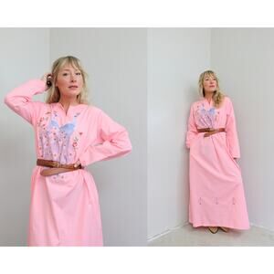 1970's Vintage Camel Chinese Peacock Embroidered Hostess Dress ~ Women's MD LG